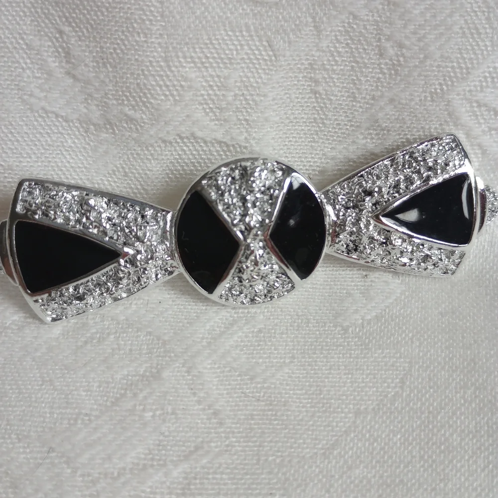 Set Of 3 Bow Brooches, Enamel Polka Dot, Ab Rhinestone, Black, Two Toned